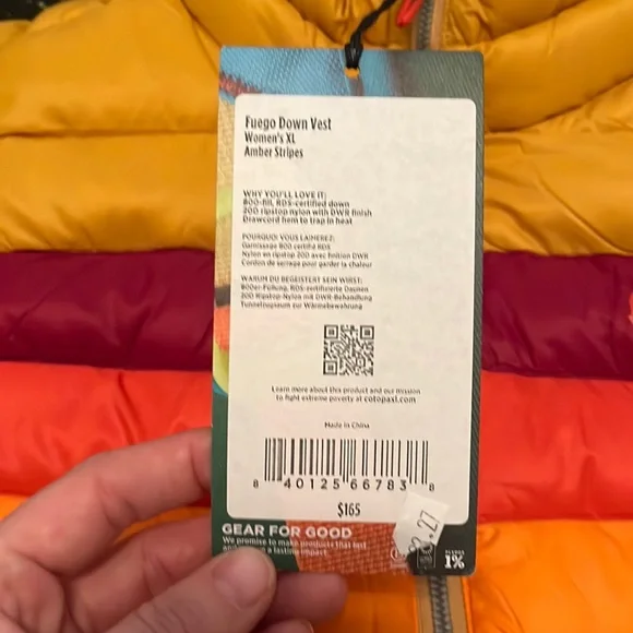 Cotopaxi Fuego Down Vest “Amber Stripes” women’s XL NWT - Picture 4 of 12
